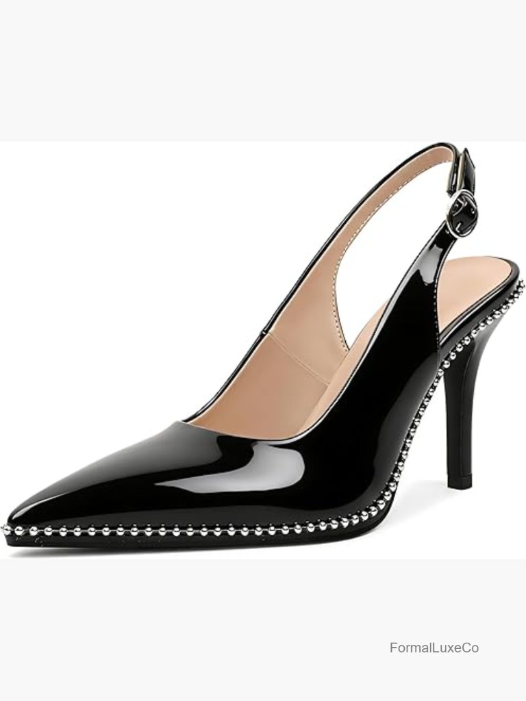 Beaded Pumps High Heel Slingback Pointed Toe 3.5in Stilettos Patent Leather